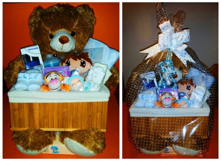 Cesta especial con patucos, bodys, cambiador, toquilla, tijeritas, pera nasal, termo, tarro dosificador, mantita muñeco, bebé a bordo y chupetero